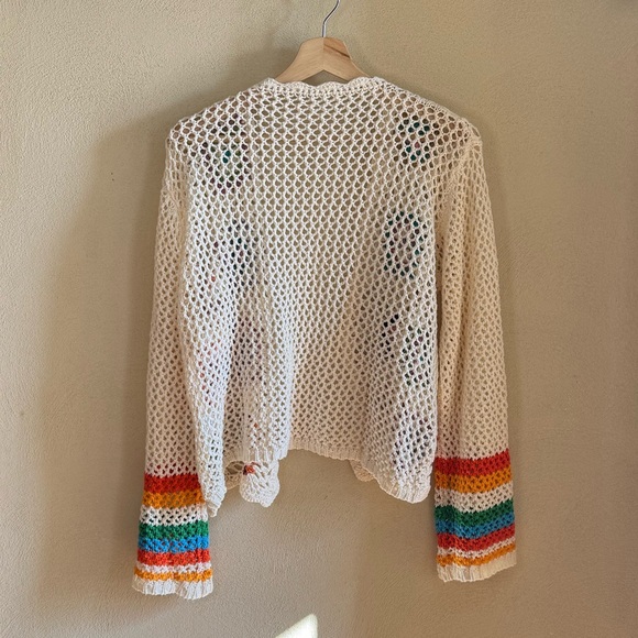 Floral Multi Color Granny Square Crochet Striped Bell Sleeve Cardigan Sweater S - Picture 5 of 10